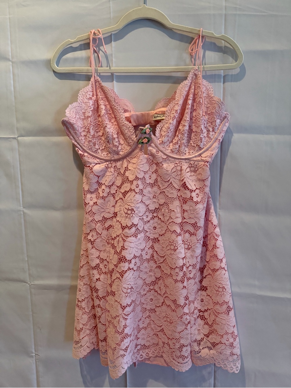 For Love & Lemions Pink Floral Lace Chemise with Bow Detail - Picture 2 of 5